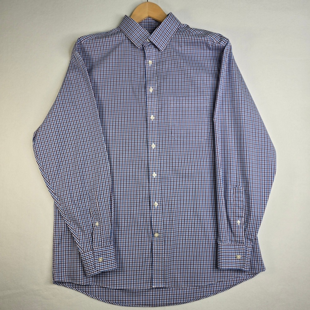 Mens Gingham Check Long Sleeve Button Down Shirt Purple Blue White L